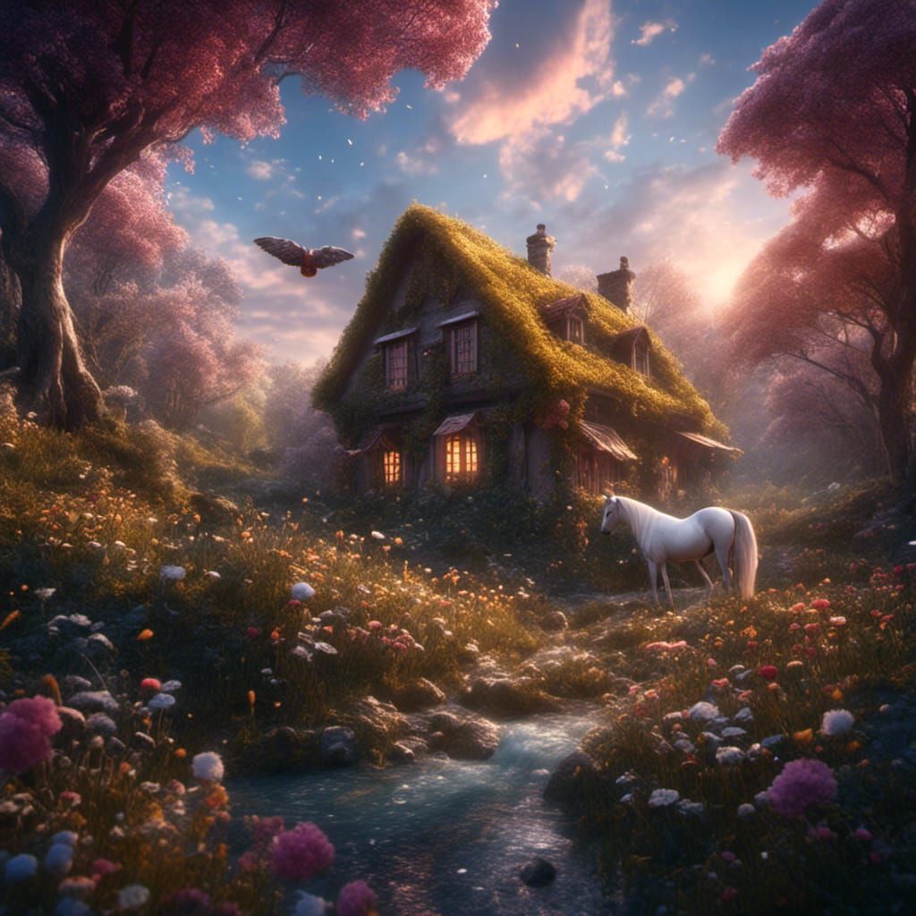 Pegasus Horses in Wildflower Field at Sunset