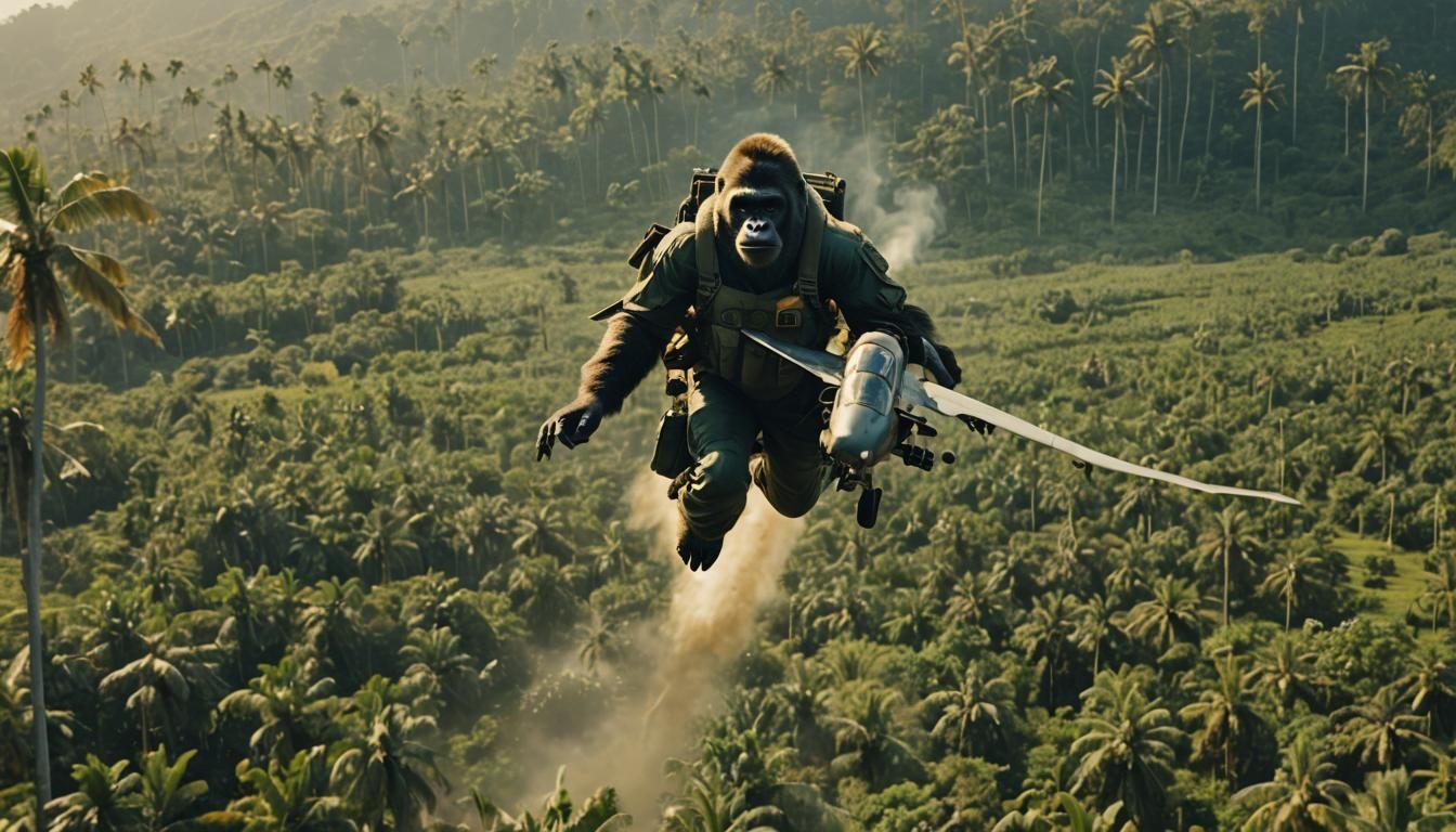 Gorilla Pilot in Apache Helicopter: Cinematic Aerial View