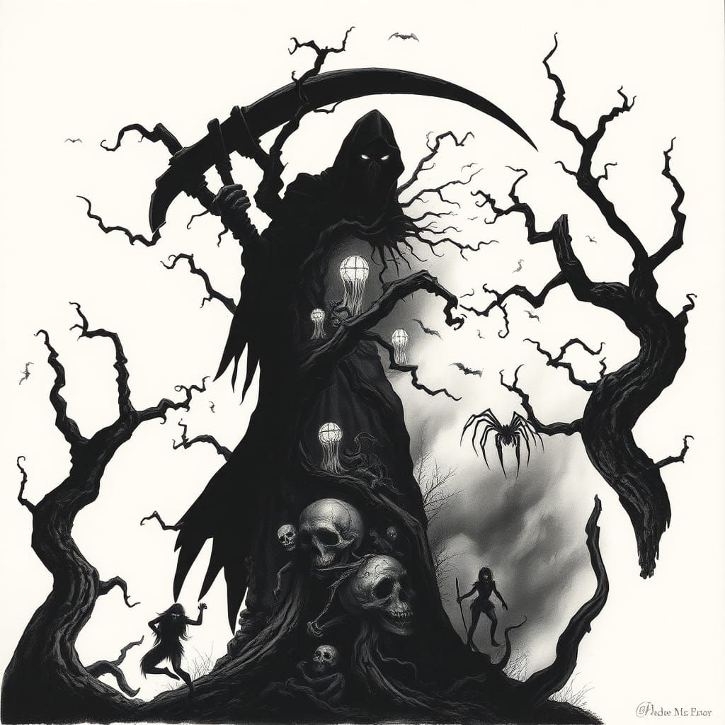 Reaper Silhouette Filled with Horror Landscape