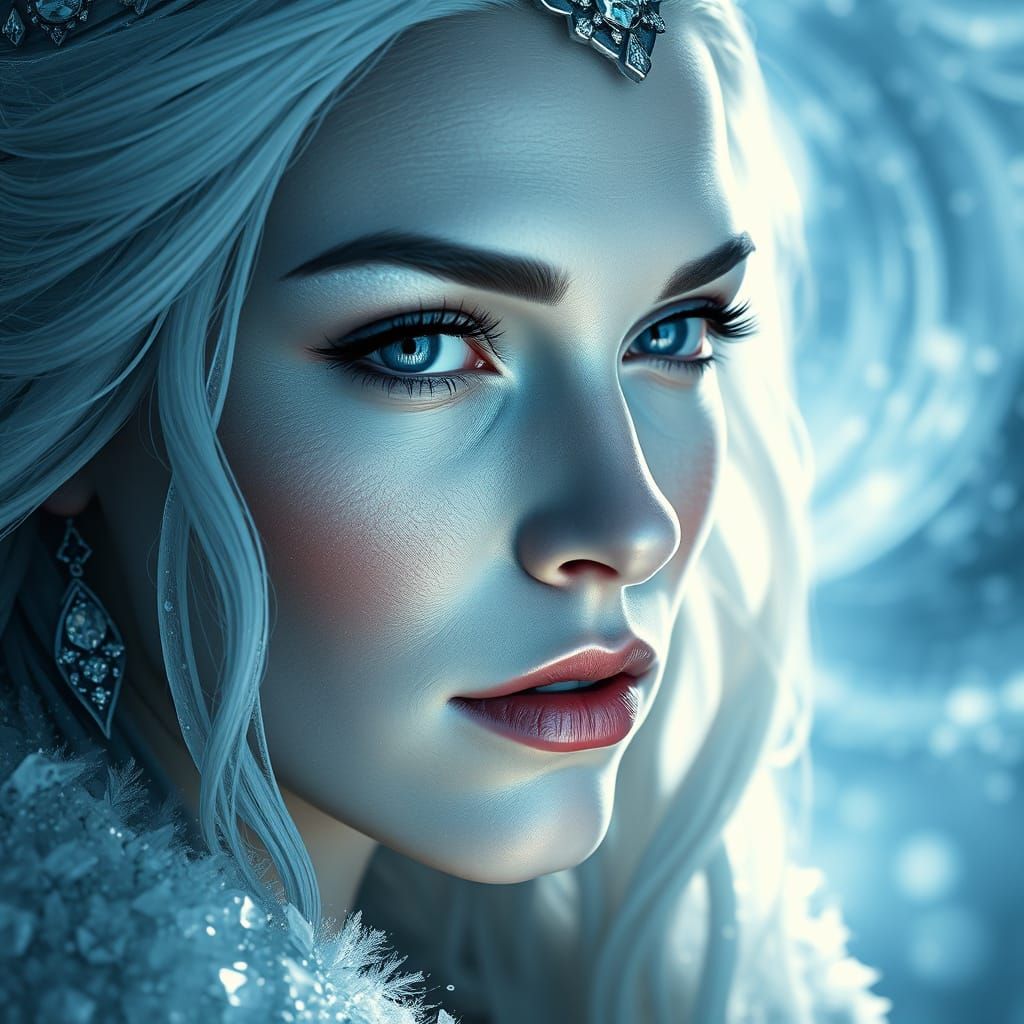 Hyperrealistic Portrait of an Icy Queen in a Kaleidoscope of...