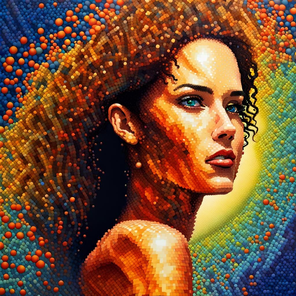 Stunning Woman Portrait in Pointillism Pixel Tornado