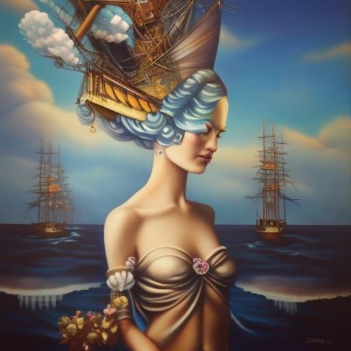 Surreal Goddess with Ship Overlooking Harbor