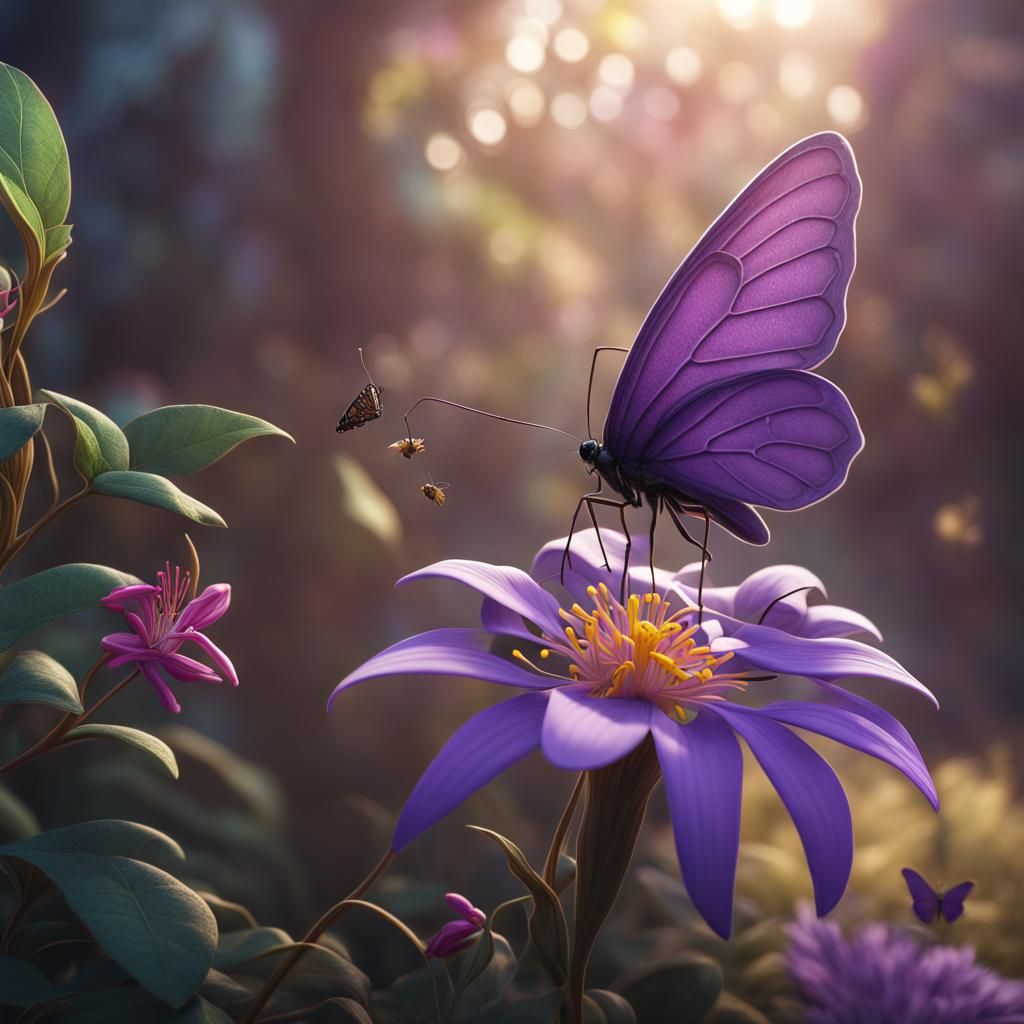 Honeysuckle flower next to a tiny purple butterfly.