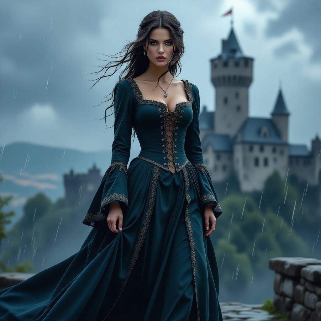 Princess in Medieval Dress Amidst Stormy Betrayal