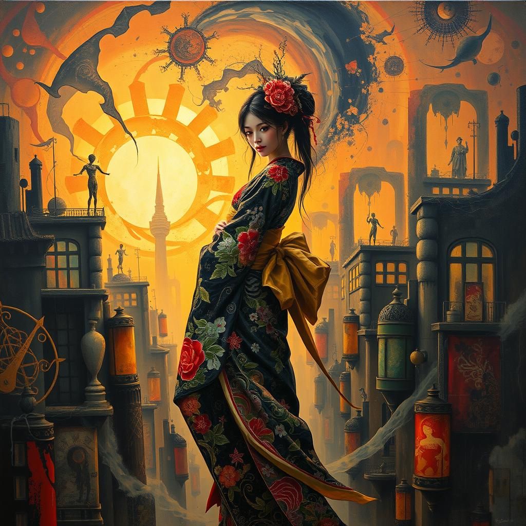 Geisha Fairy Elf in Dystopian Surrealism: Impasto Art