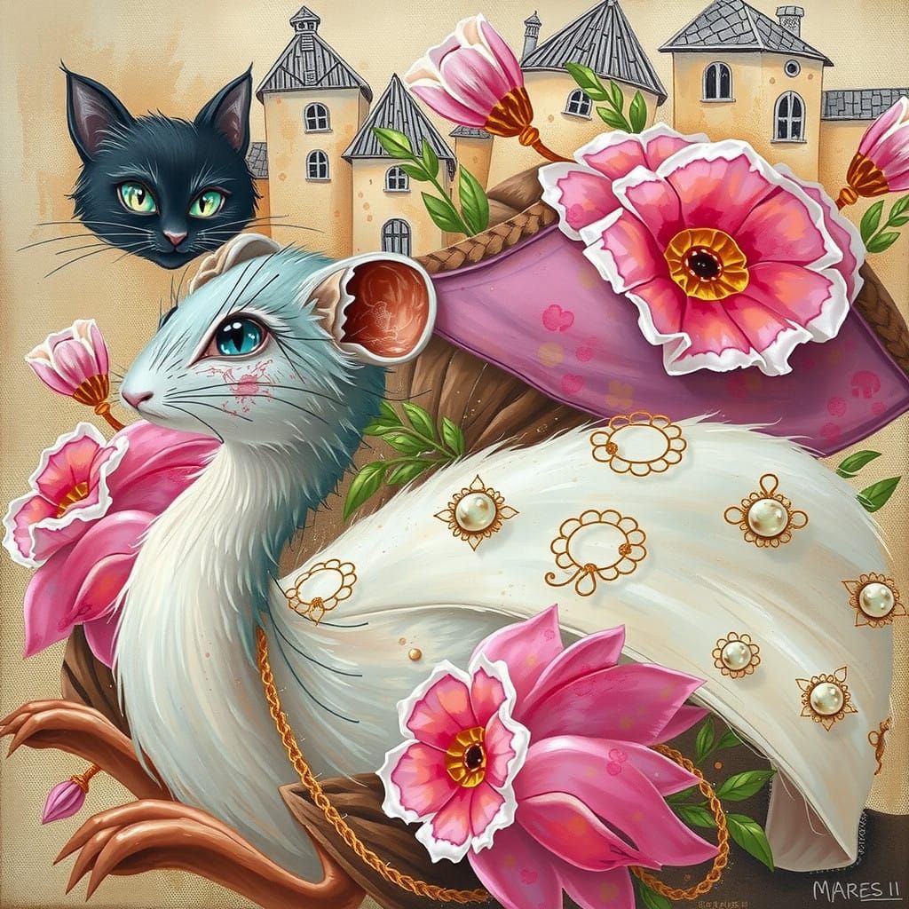 A Mouse in Earthy Attire with a Mysterious Feline Companion