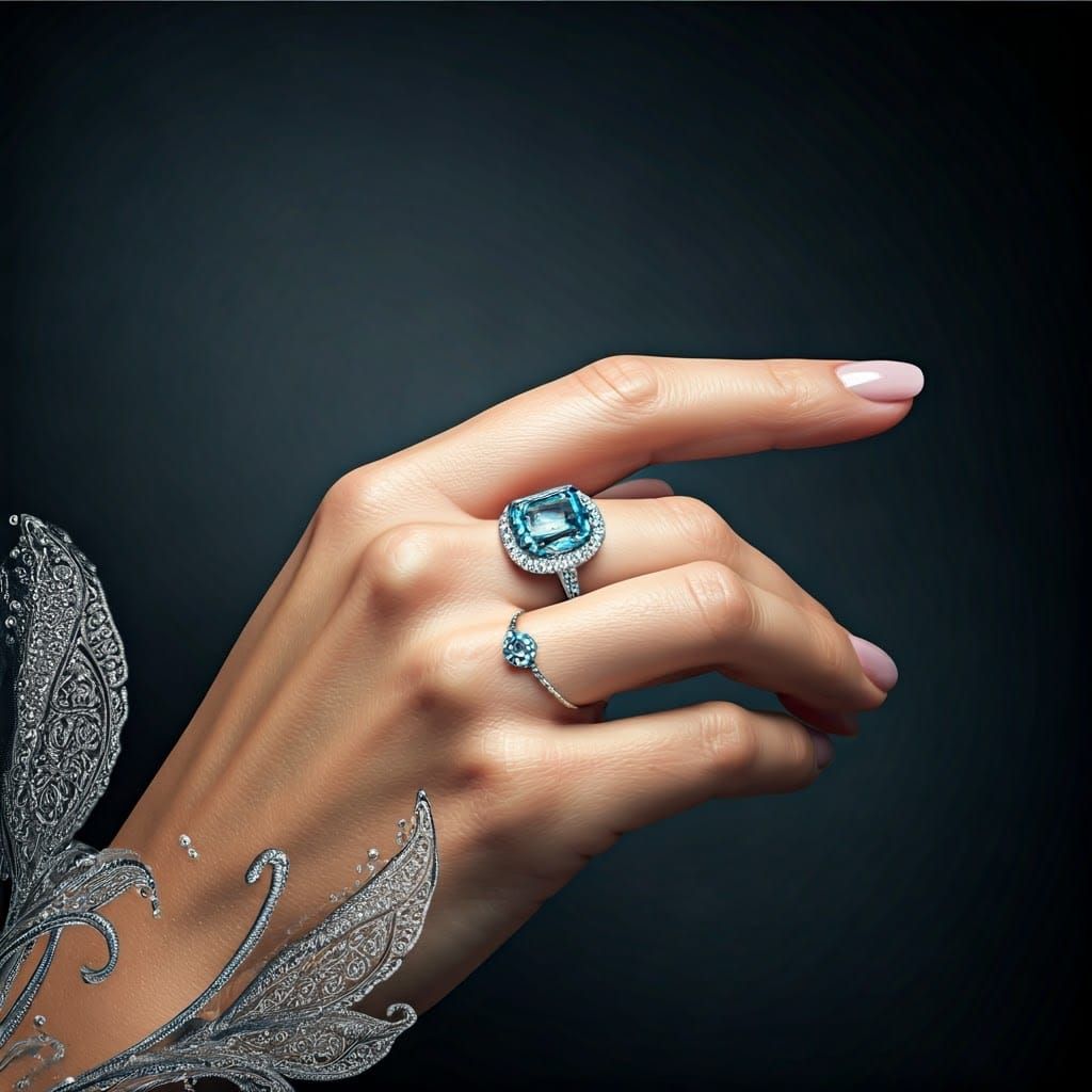 Elegant Woman's Hand with Icy Blue Diamond Ring in Art Nouve...