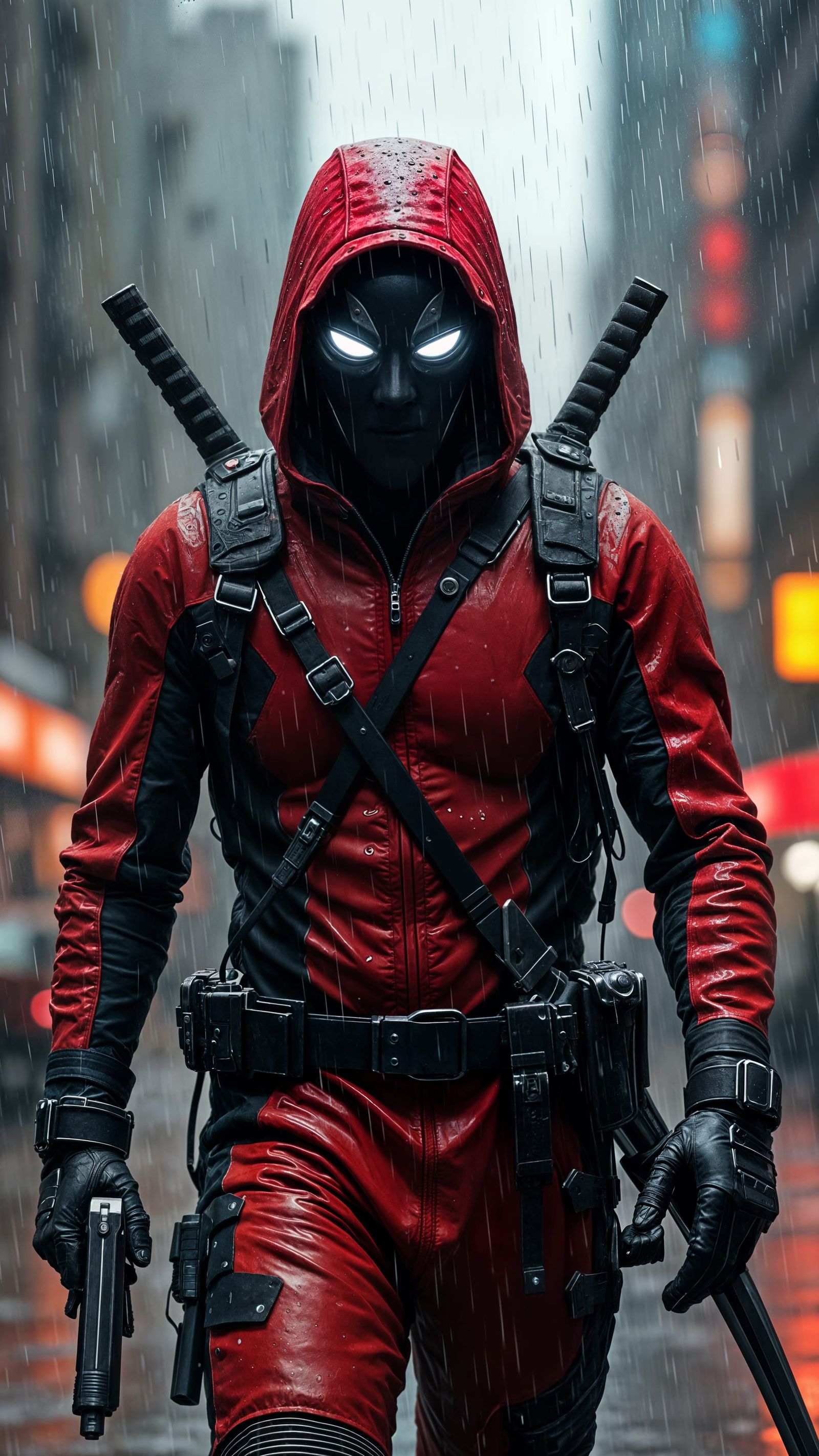 Masked Antihero in Rain: Comic Book Style