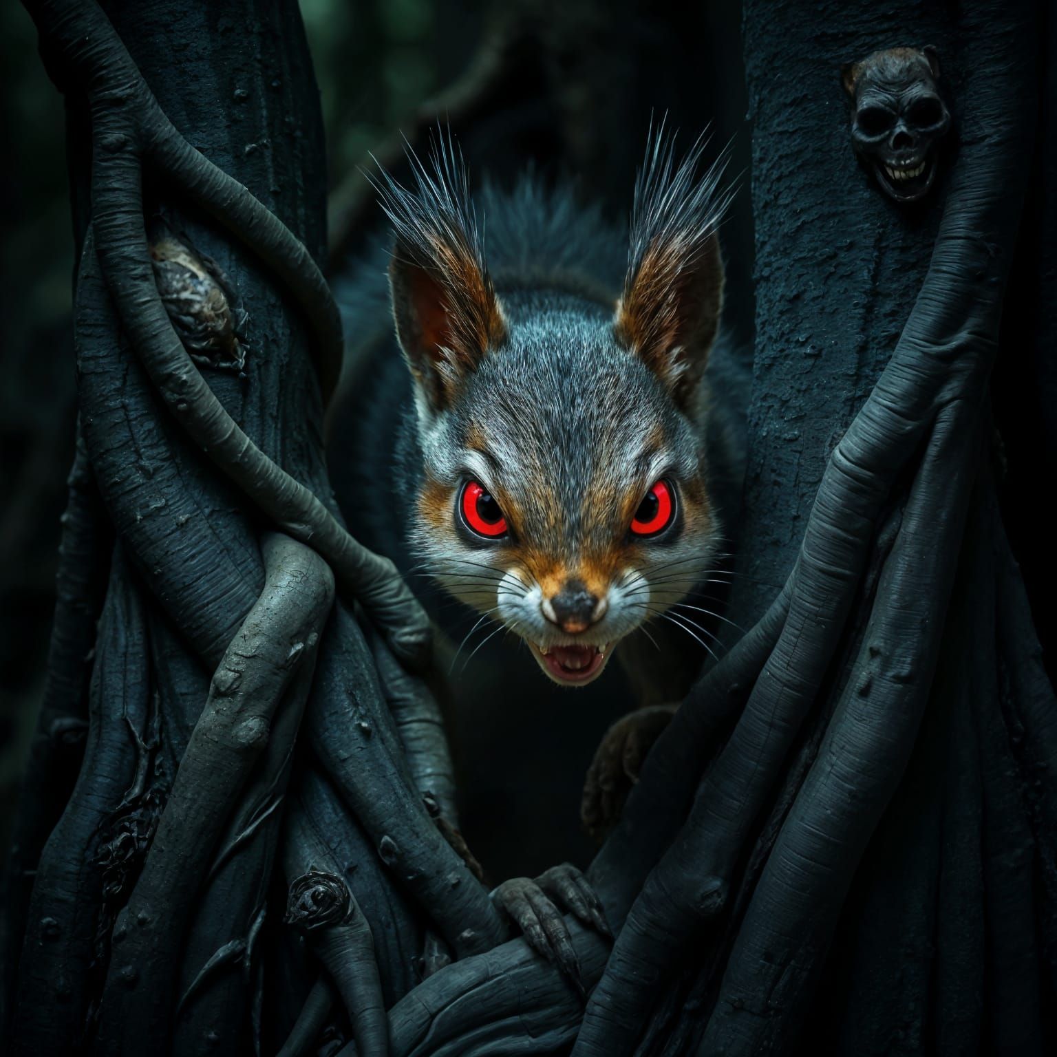 Evil Squirrel with Glowing Eyes in Dark Forest