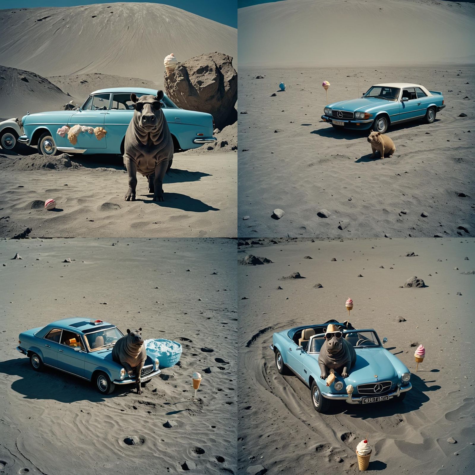 Hippo in Blue Dress on Moon with Ice Cream