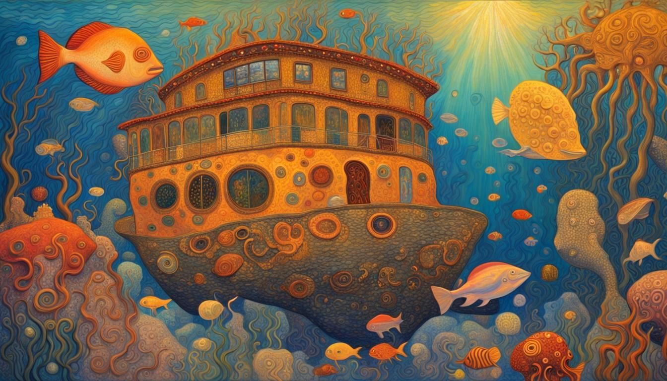 Underwater Shipwreck in Klimt-Inspired Bioluminescent Art