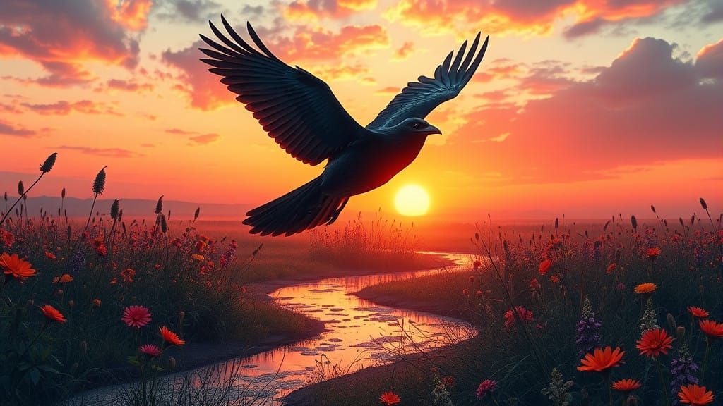 Cyberpunk Sunset with Majestic Avian Figure and Blooming Flo...