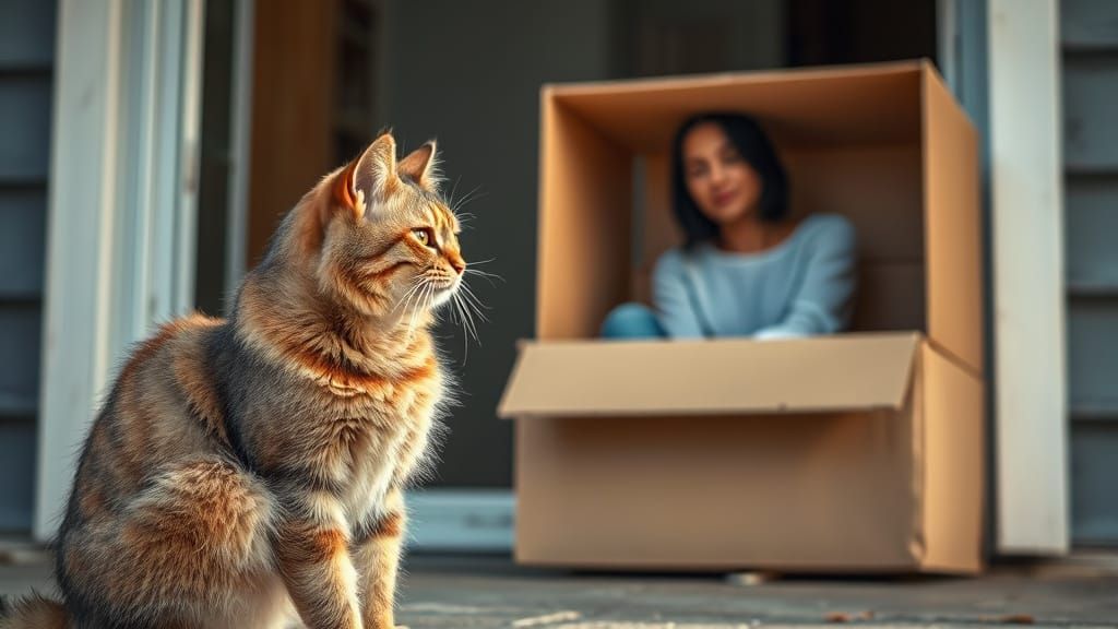 An Angry Feline Confronts a Woman in a Cardboard Box