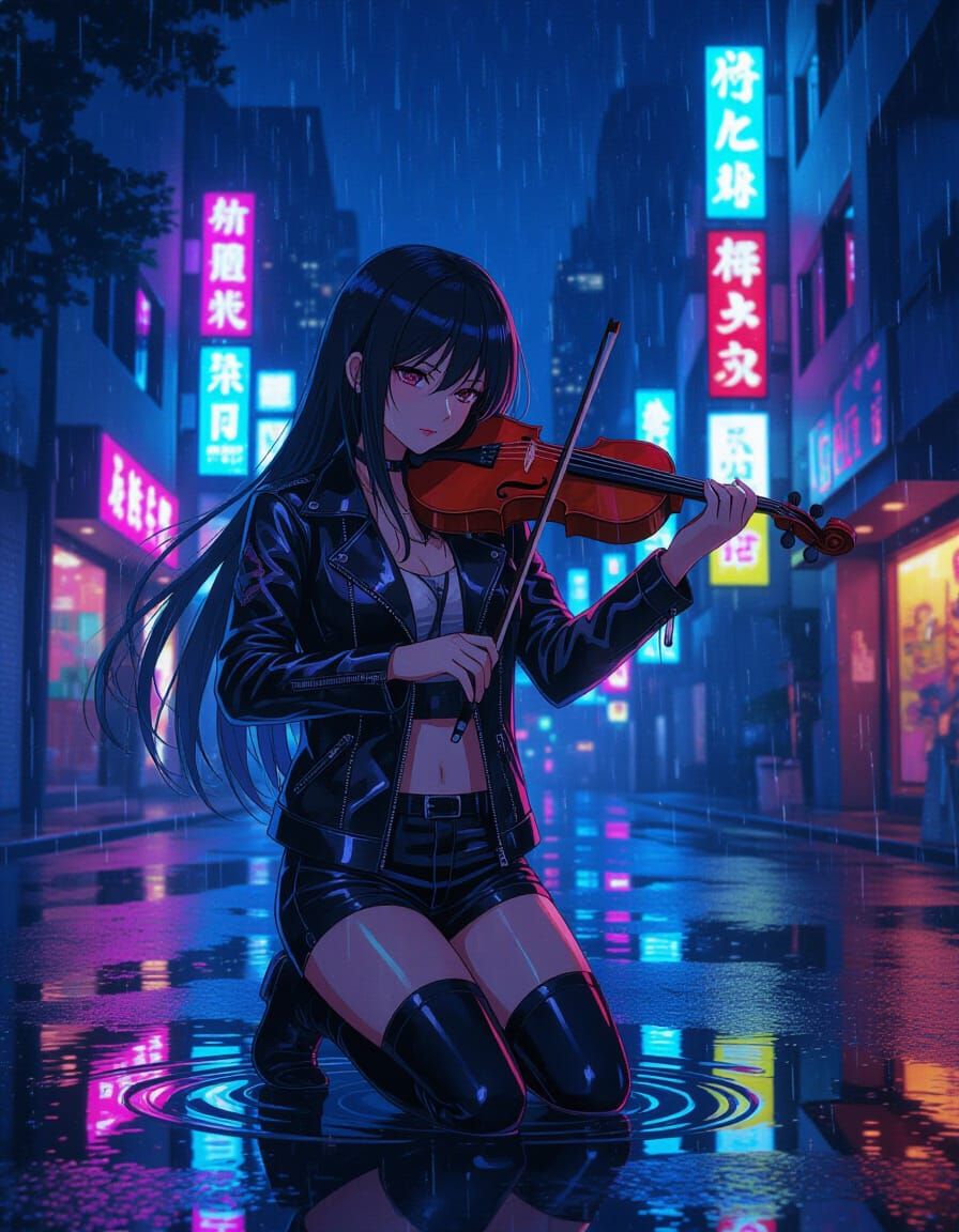 Anime Girl Plays Violin in Neon City, Digital Art
