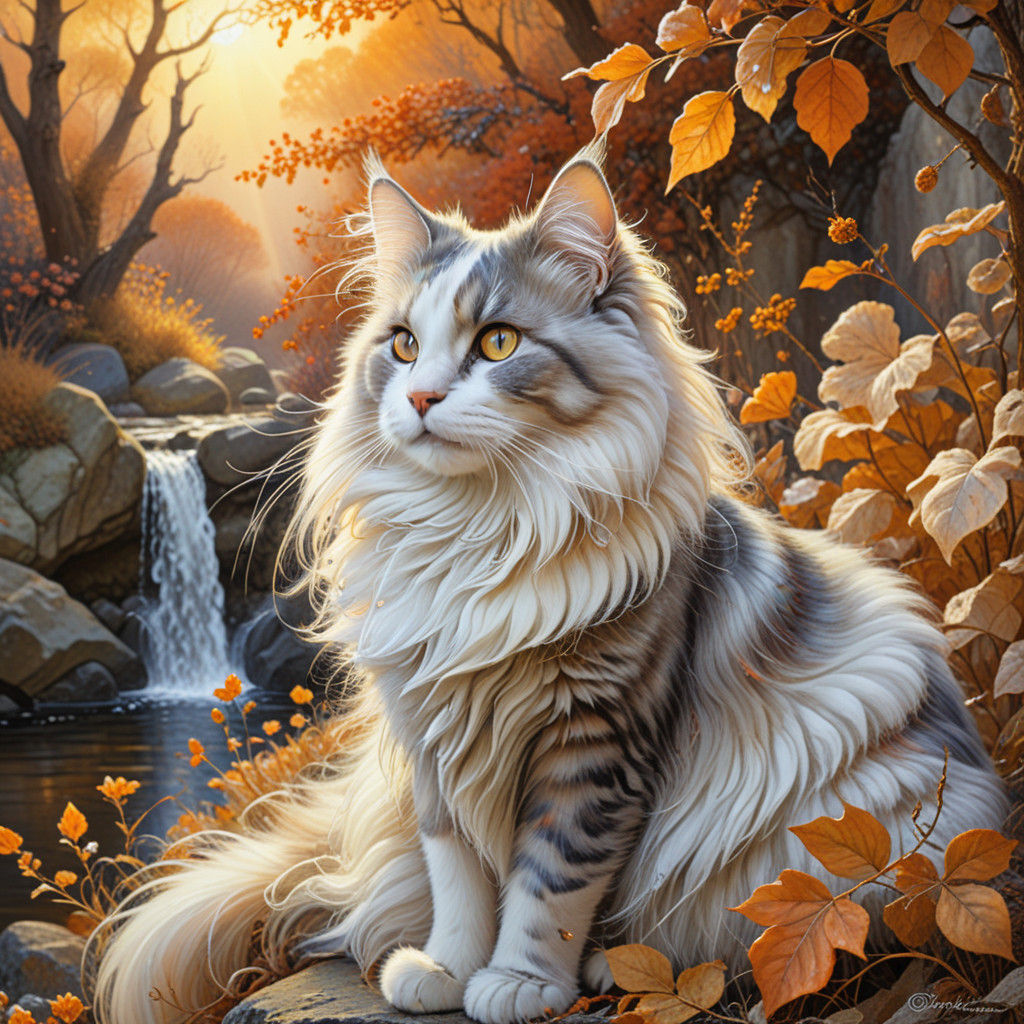 Dreamy Autumn Goddess Cat in Whimsical Watercolor Style