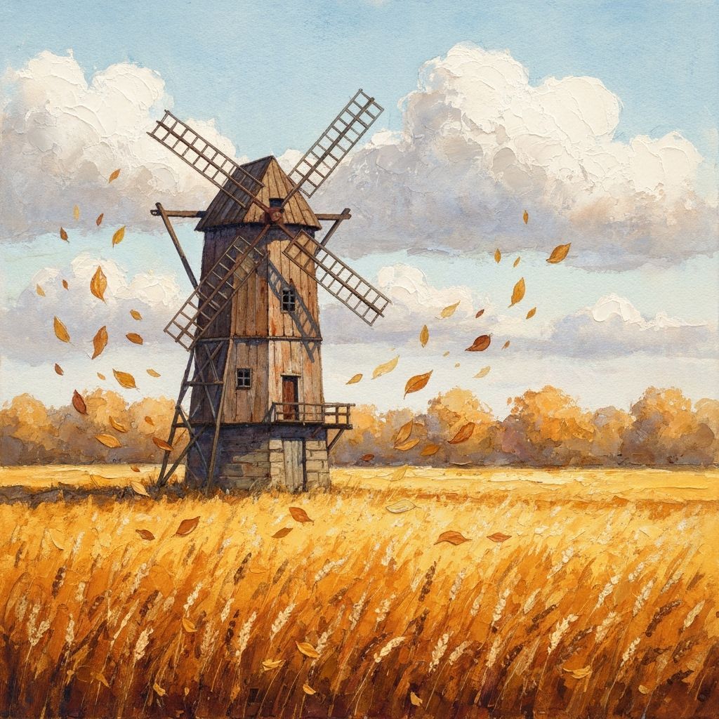 Rustic Autumn Windmill in Golden Wheat Field