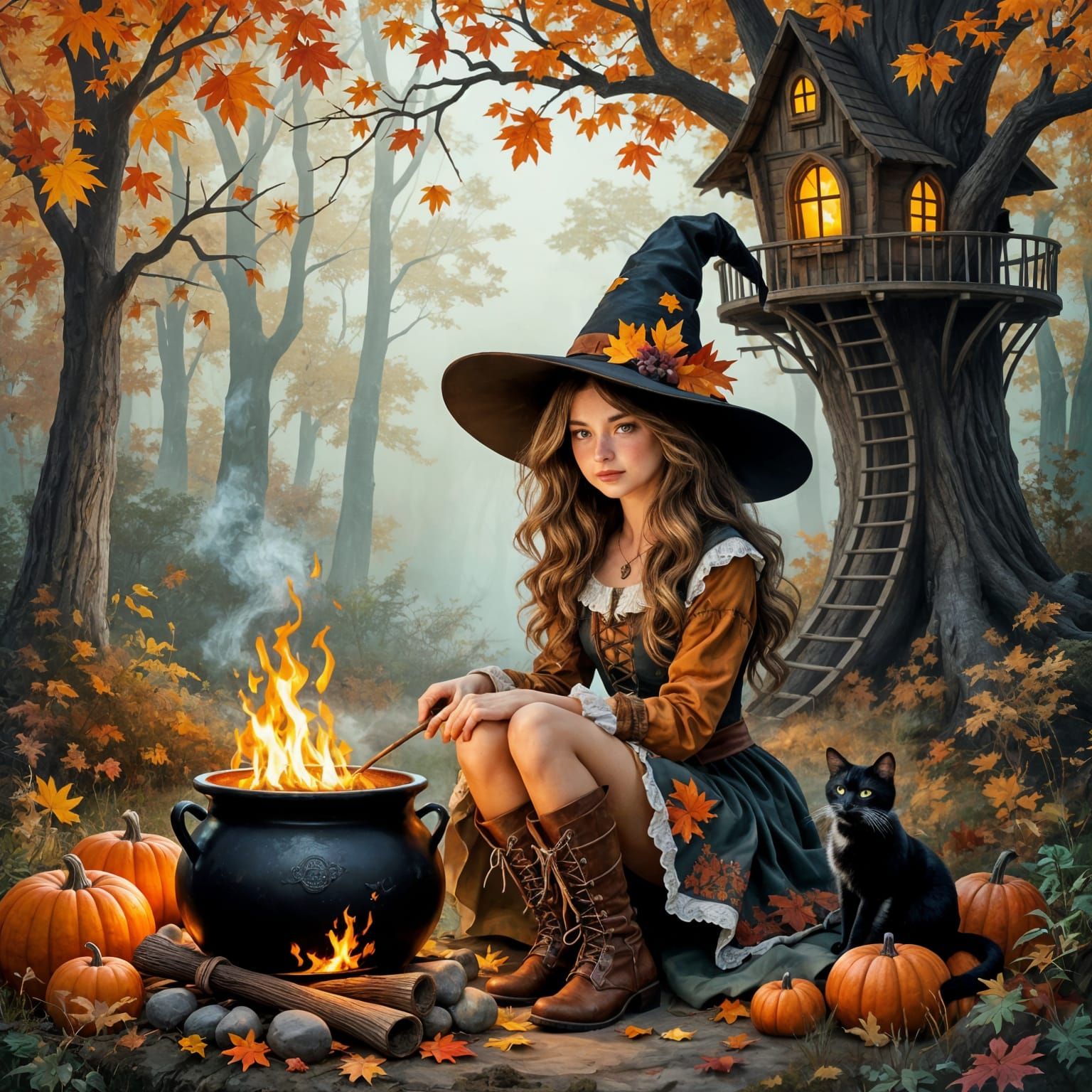 Whimsical Witch in Autumn Forest with Glowing Cauldron
