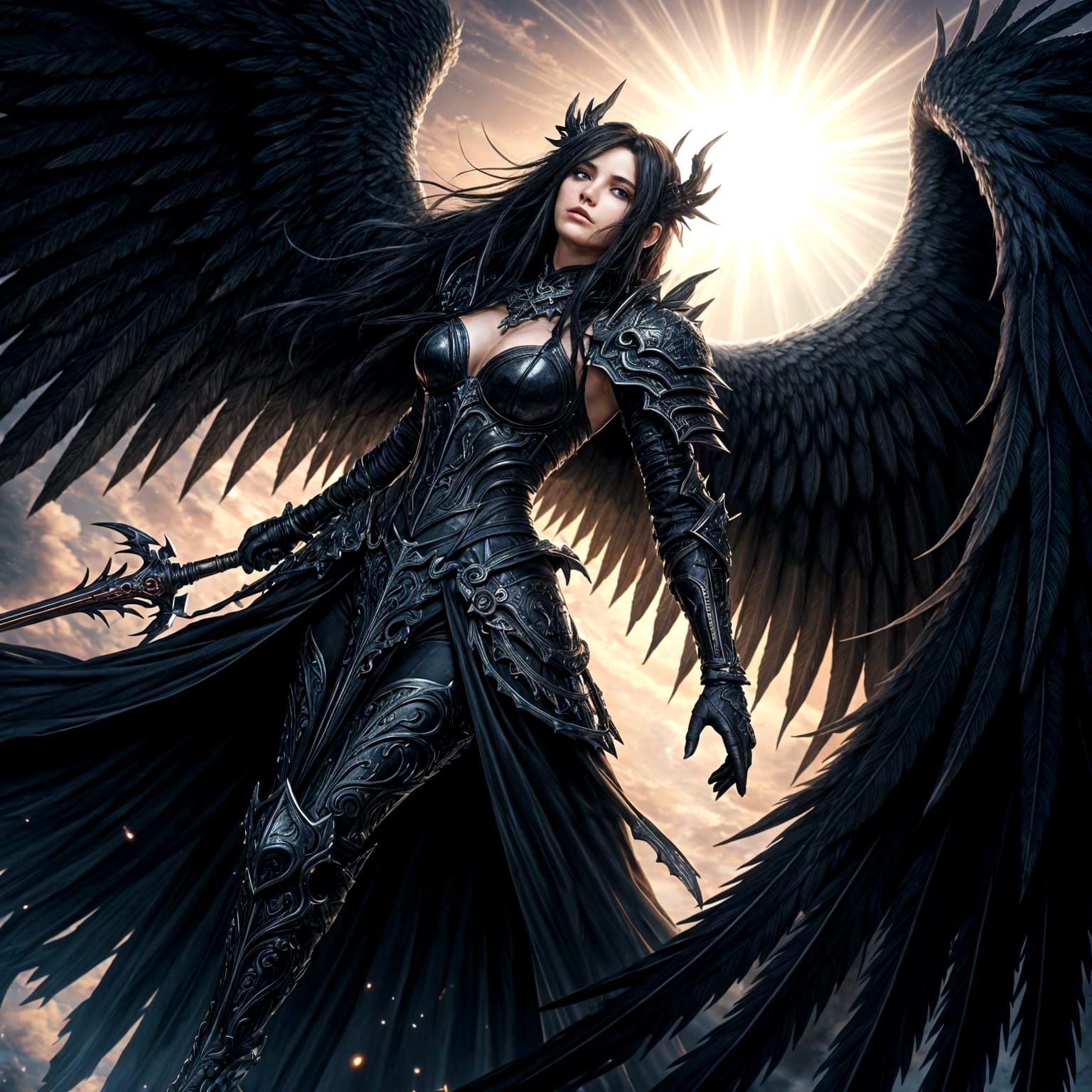 Dark Angel Soaring Through Heavens in Anime Art