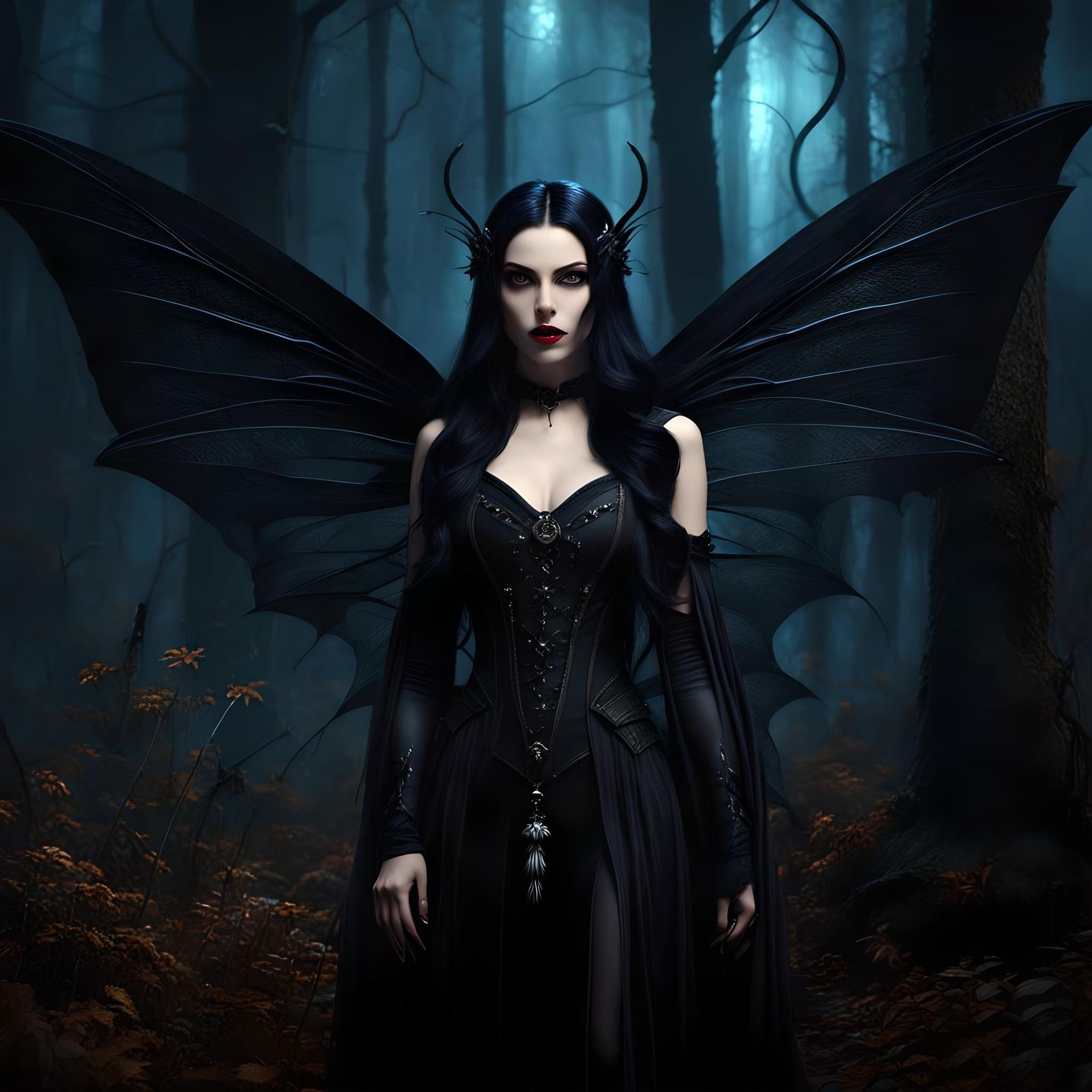 Gothic Fairy with Black Wings in Dark Forest