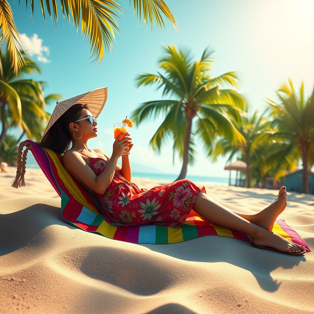 Beach Scene with Woman in Summer Dress