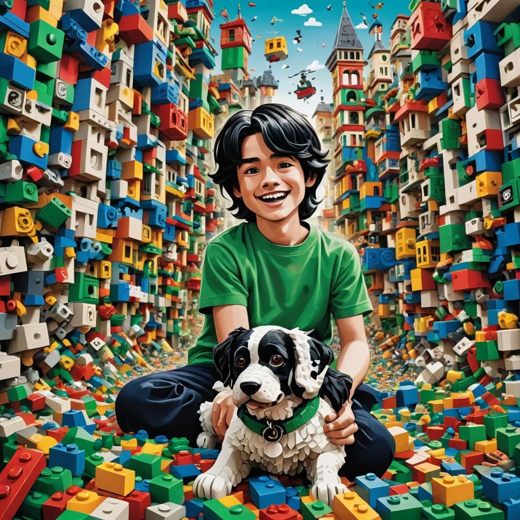 Boy Playing Lego: Surreal Pop Art Dreamscape