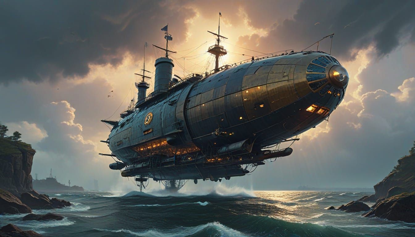 Majestic Steam-Powered Pirate Airship in Sci-Fi Aesthetic