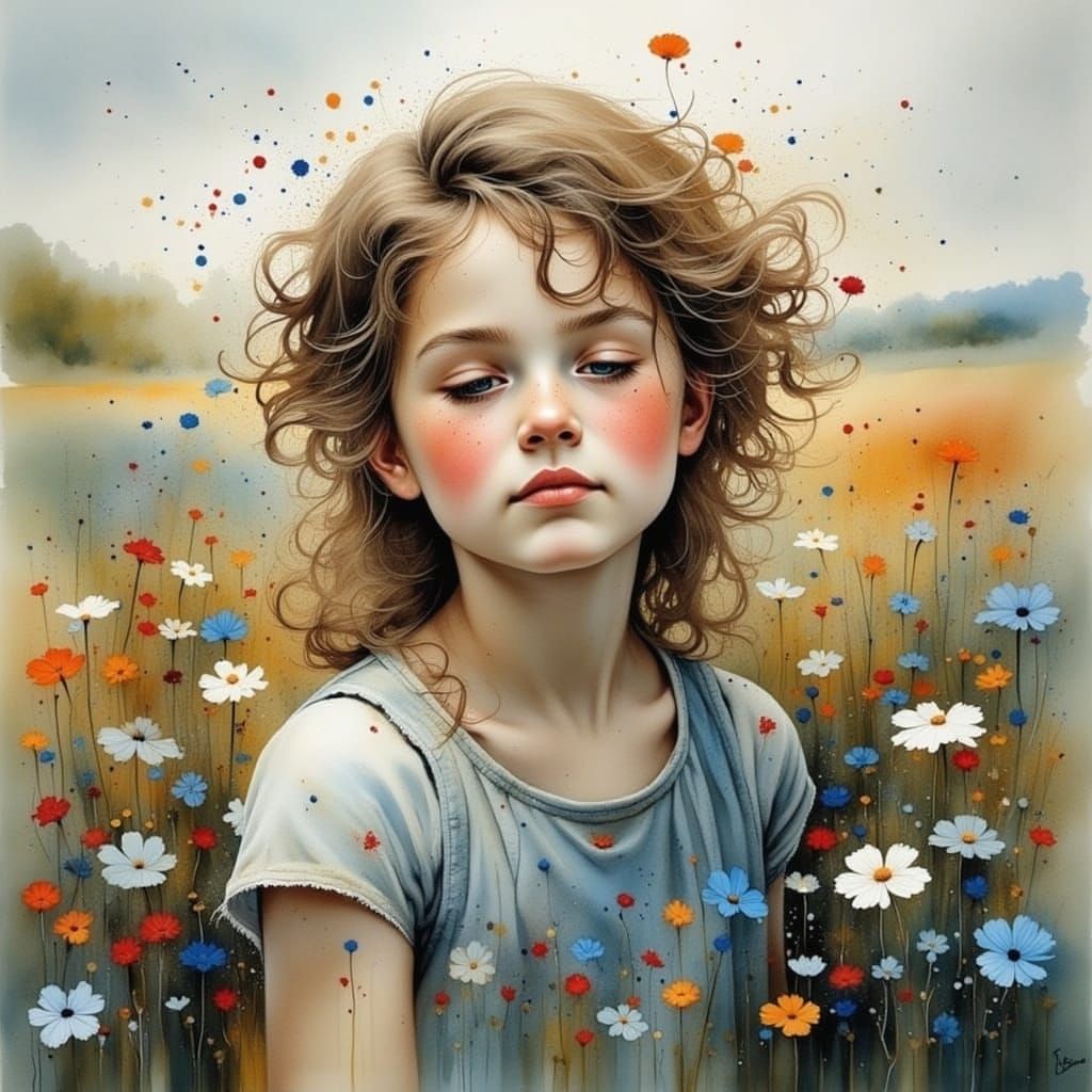 Girl Surrounded by Vibrant Blooms in a Watercolor Landscape