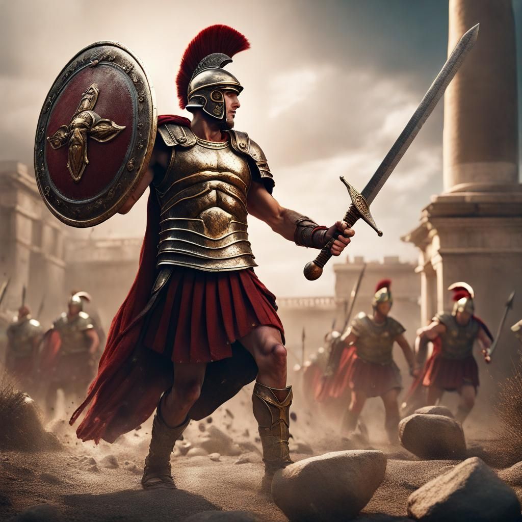 Roman Centurion Defending in Battle: Detailed Matte Painting