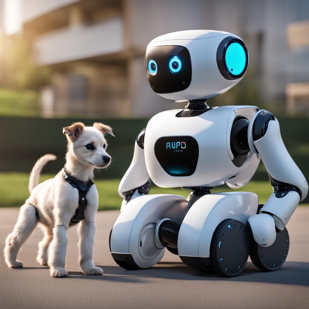 Arafed robot in a robotics park,  training his robot puppy,  generative ai