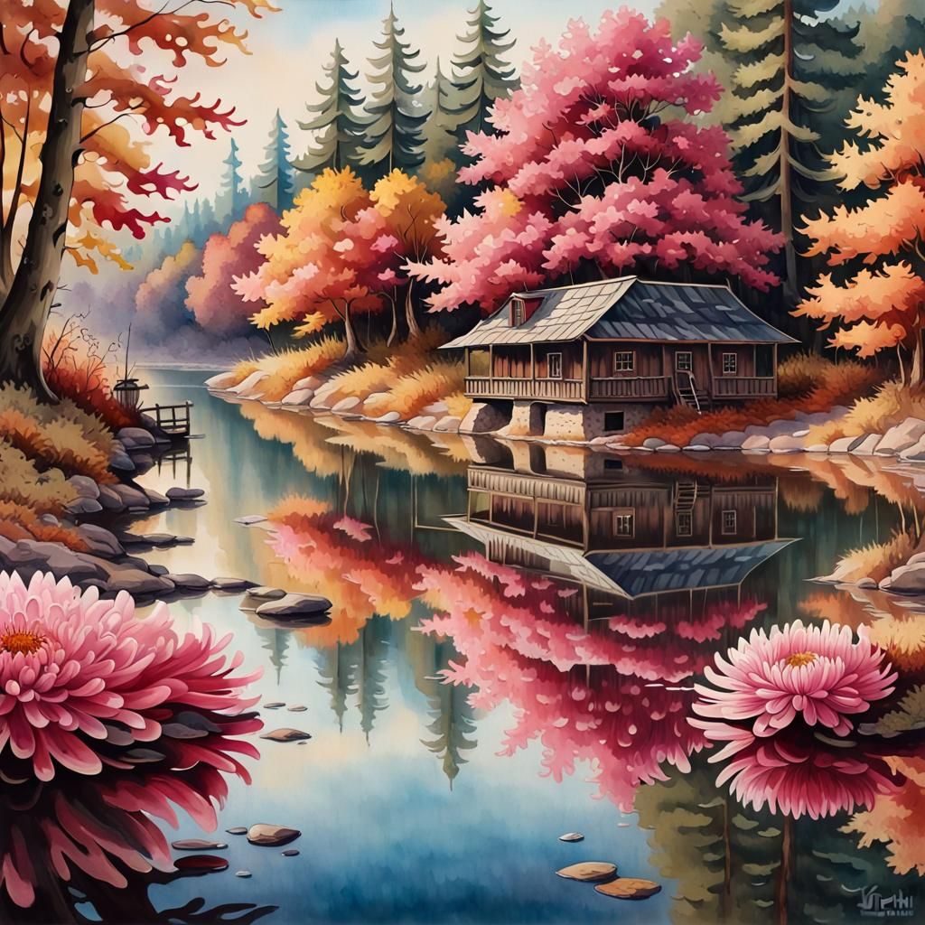 Chrysanthemum in Autumn Forest: Realistic Watercolor