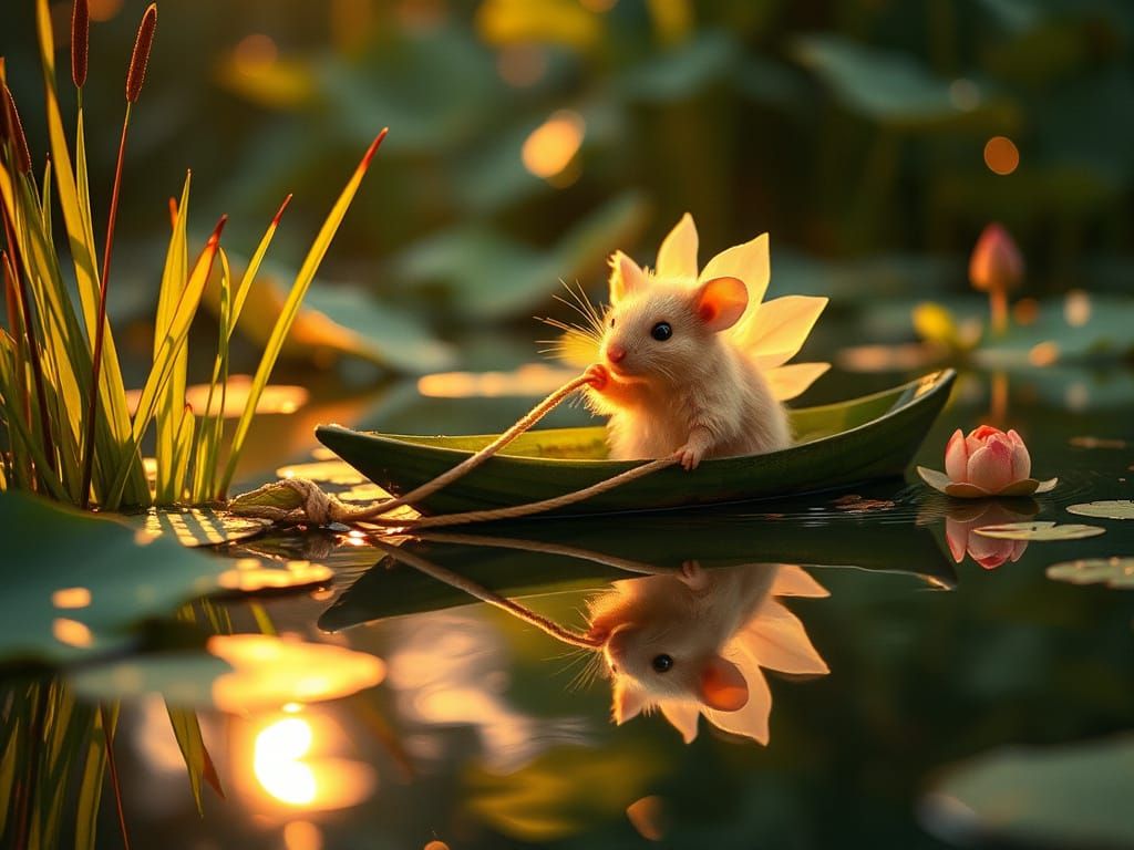 Mouse Rows Leaf Boat with Lotus Flower