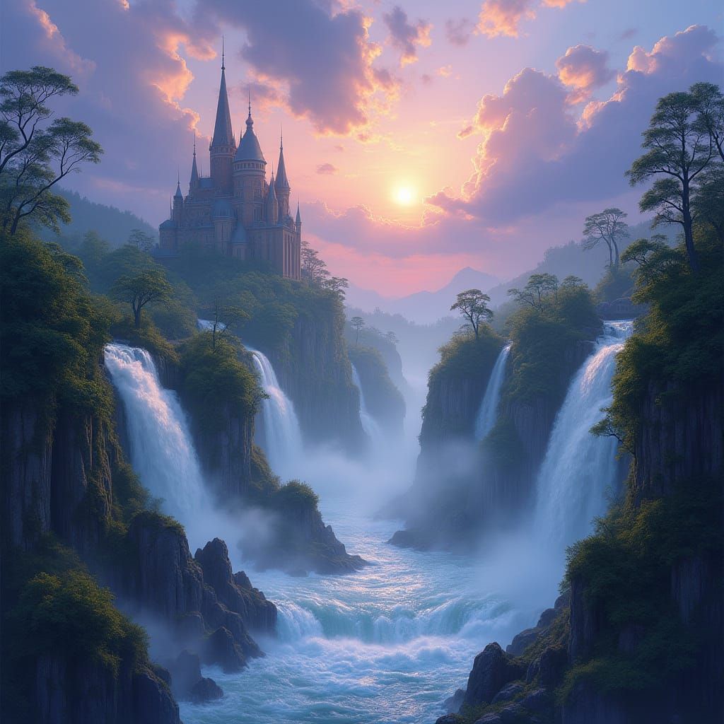 Cascading Waterfalls Under a Purple and Blue Sky