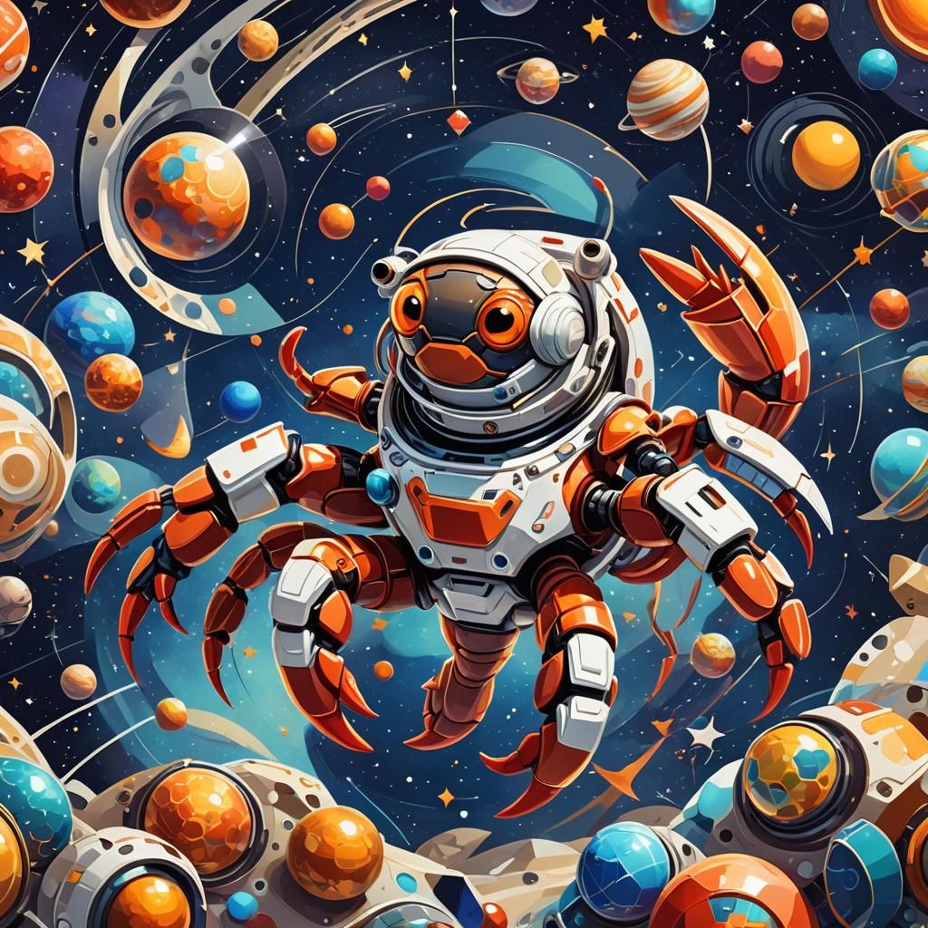Crab in Futuristic Zero-Gravity Cosmic Scenery