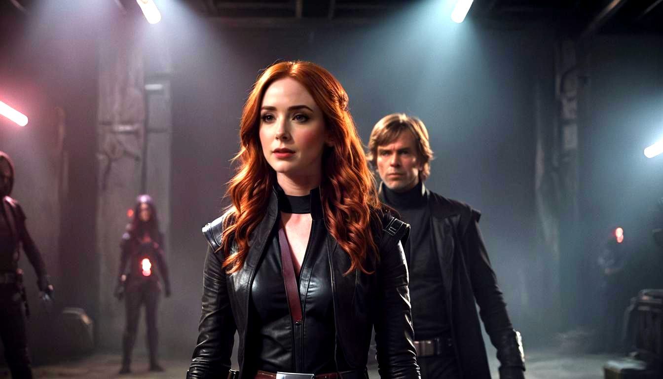Cinematic Film Still of Mara Jade and Luke Skywalker