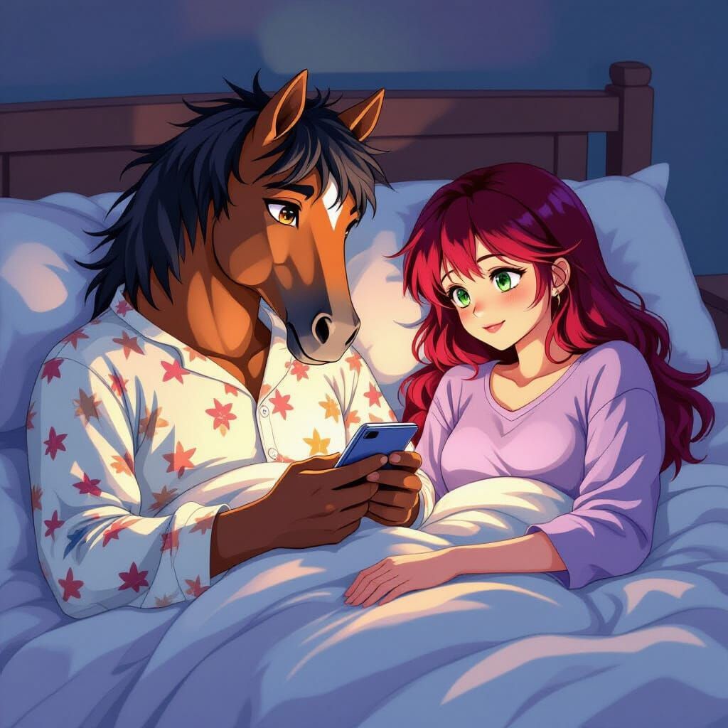 Horse-Headed Man in Bed, Anime Cel-Shaded Style