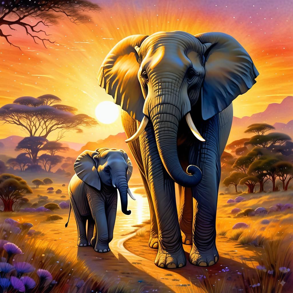 Majestic Elephant Matriarch and Calf in Watercolor