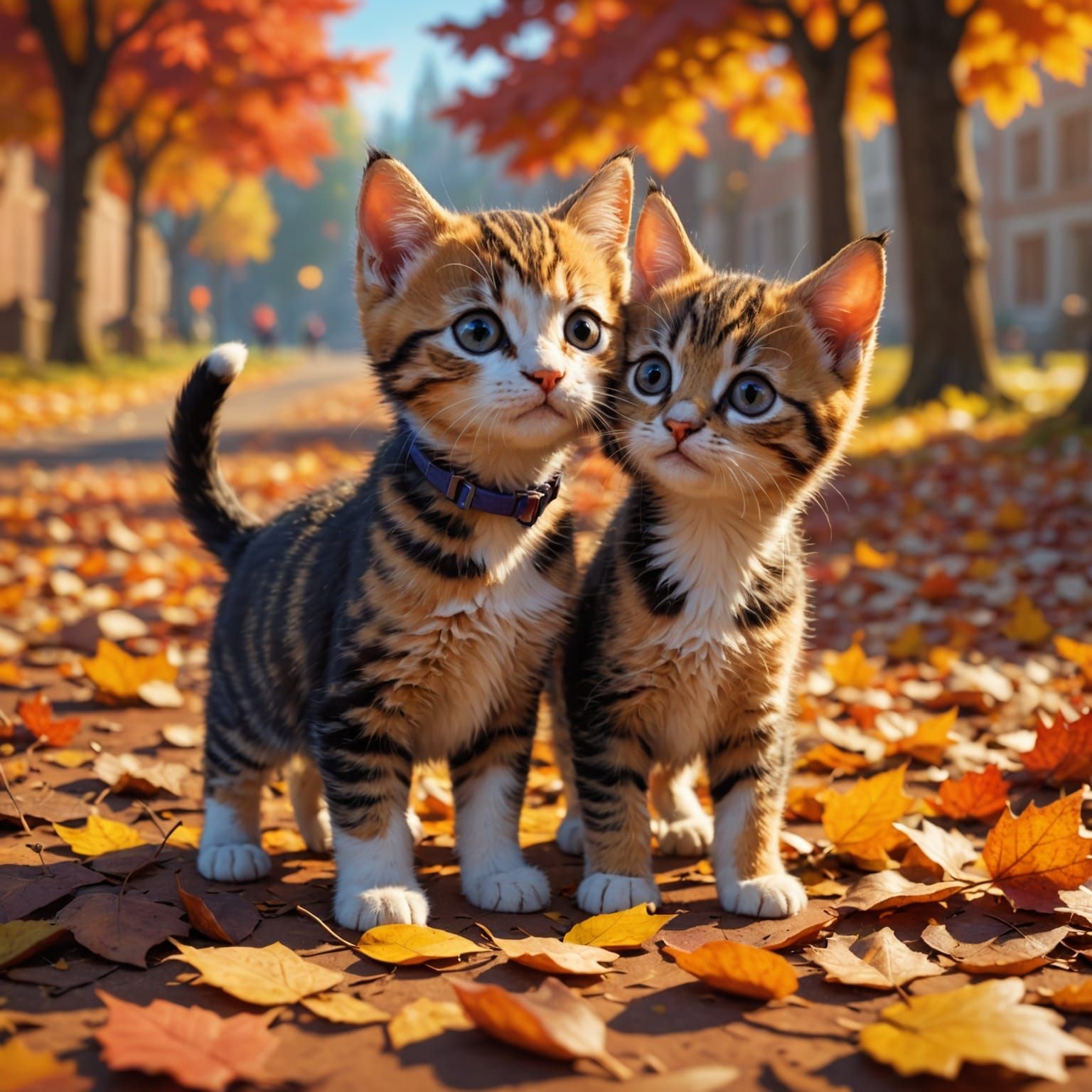 Cute Kittens and Puppies in Autumn Leaves
