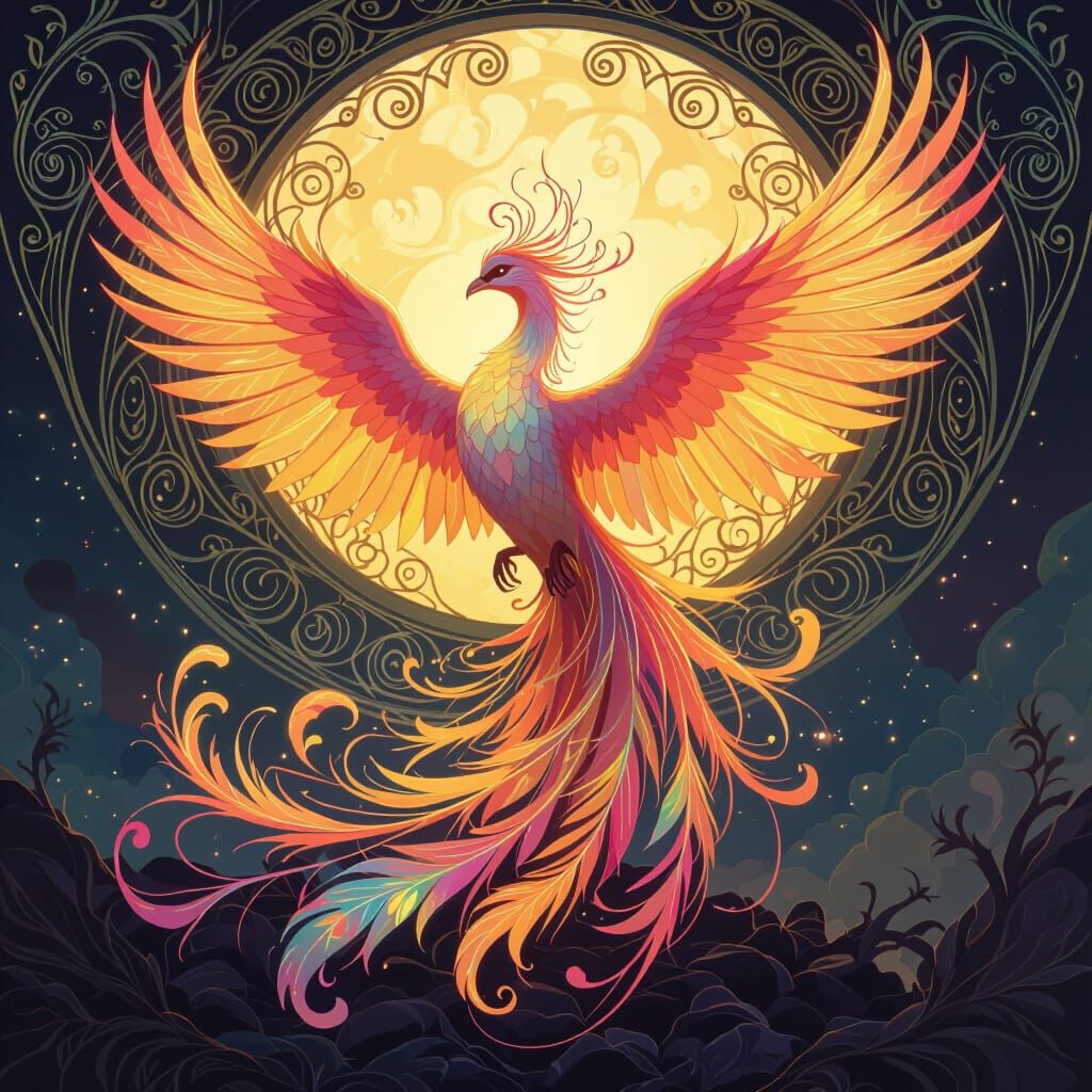 Mystical Phoenix Rising in Art Nouveau Style
