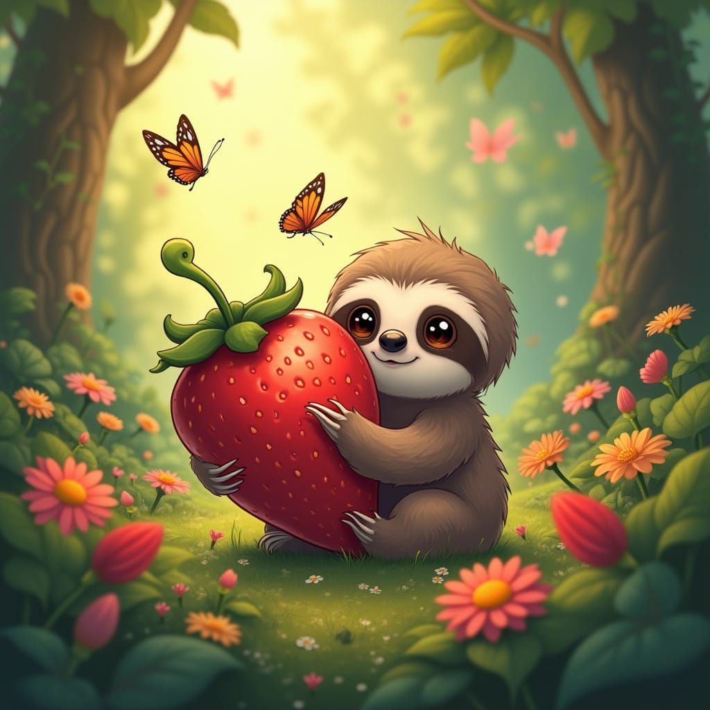 Adorable Baby Sloth Hugs Giant Strawberry in Lush Forest