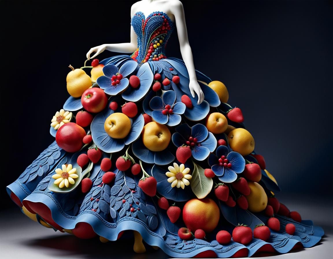 A beautiful dress made out of edible fruit.