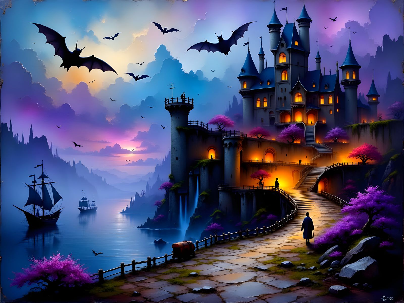 Ethereal Castle Scene at Stormy Dusk