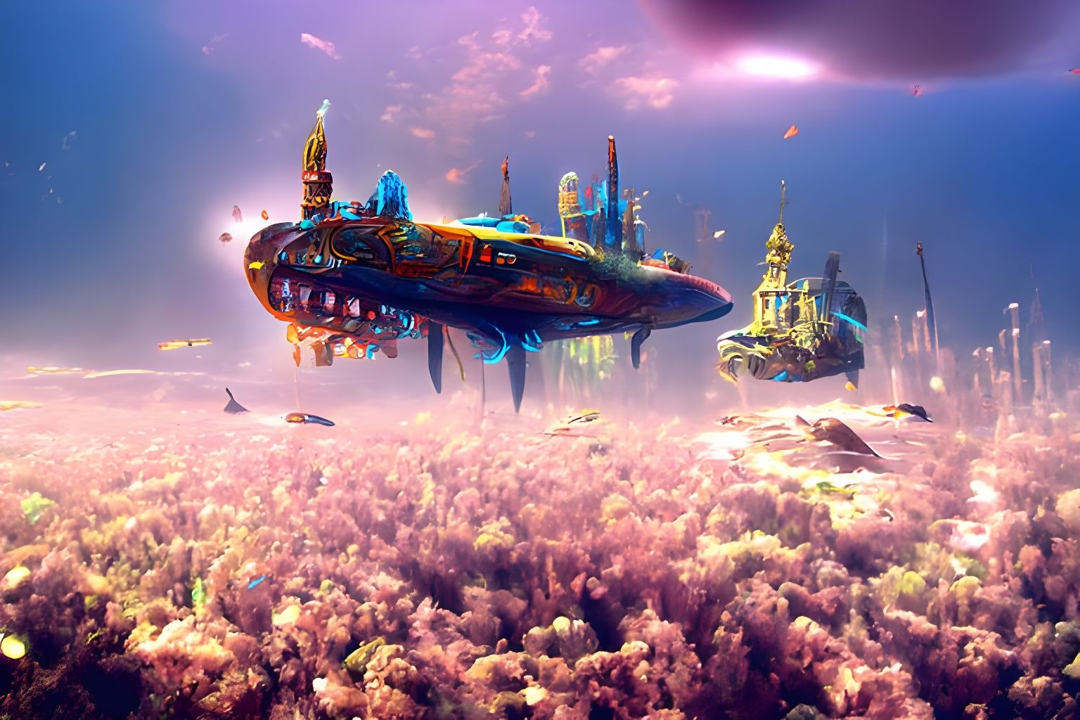 Futuristic Alien Submarine Over Underwater Metropolis