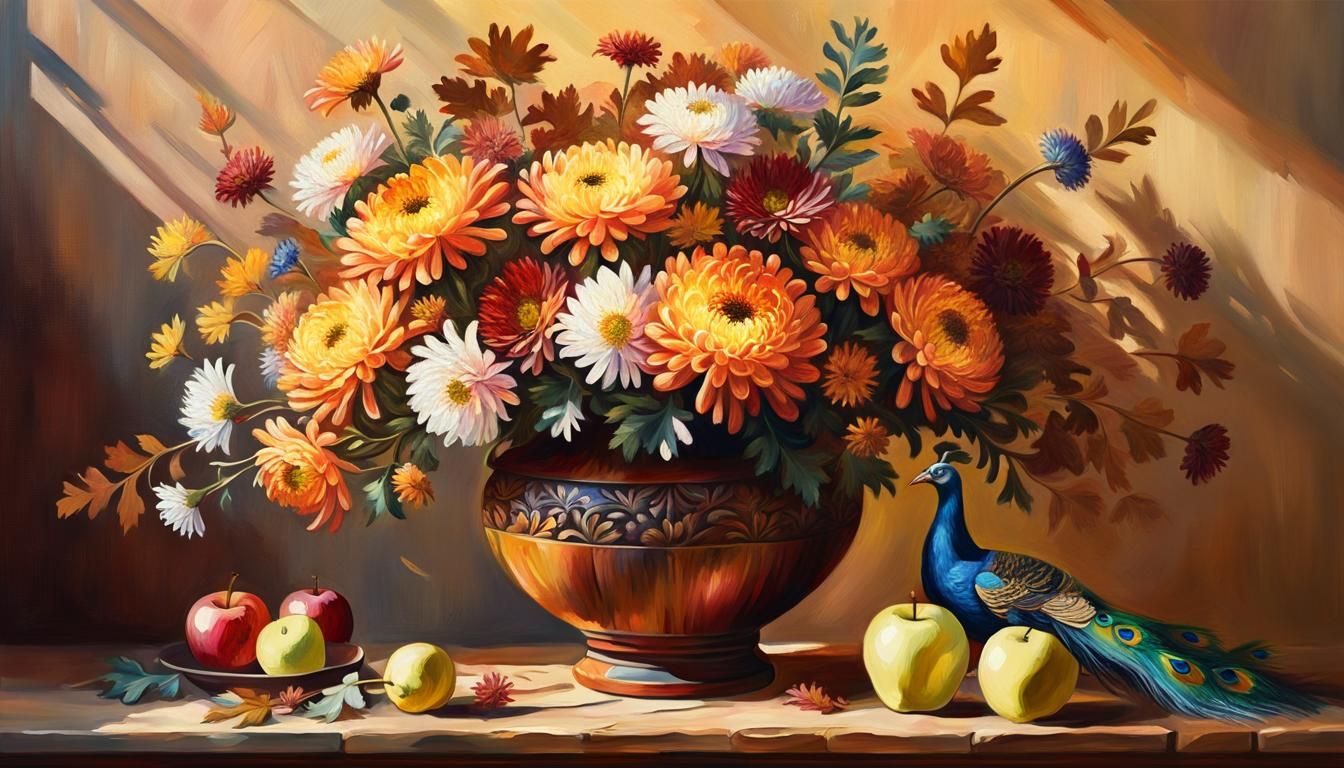 Autumn Bouquet Still Life as Impasto Oil Painting