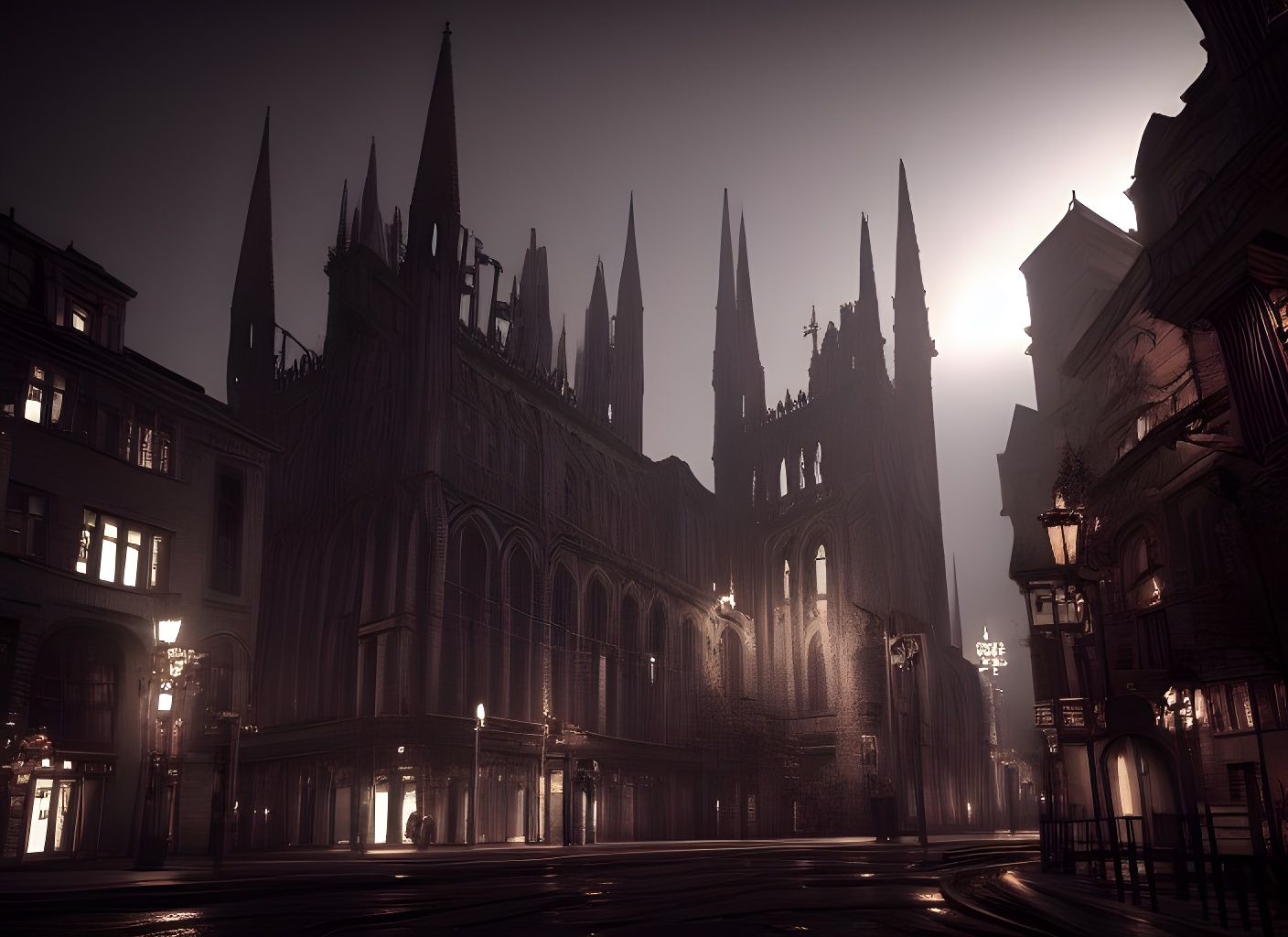 Nighttime Gothic Cityscape in Photorealistic Rendering