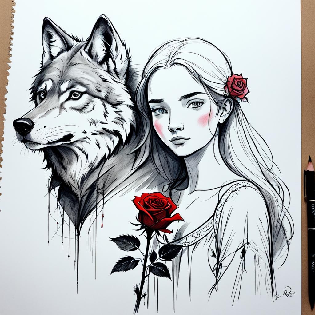 Sketch of Wolf, Woman, and Rose
