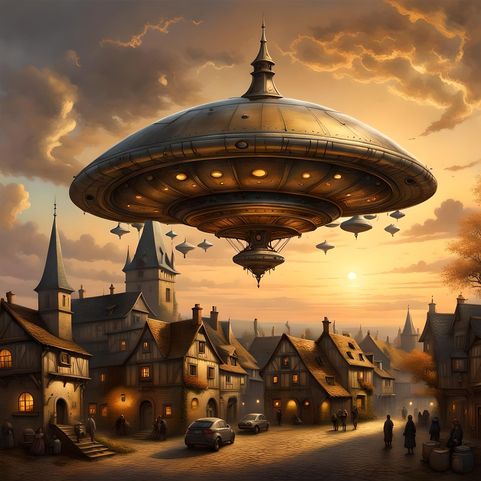 Cyberpunk UFO Lands in Medieval Village