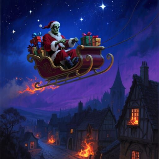 Frankenstein as Santa Claus Flying Sleigh Over Medieval Vill...