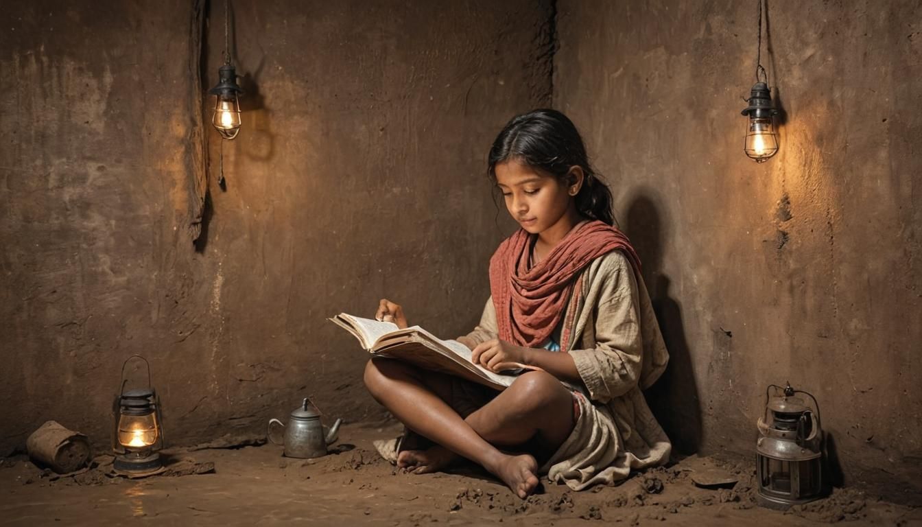 A little Indian girl, sitting and reading a book