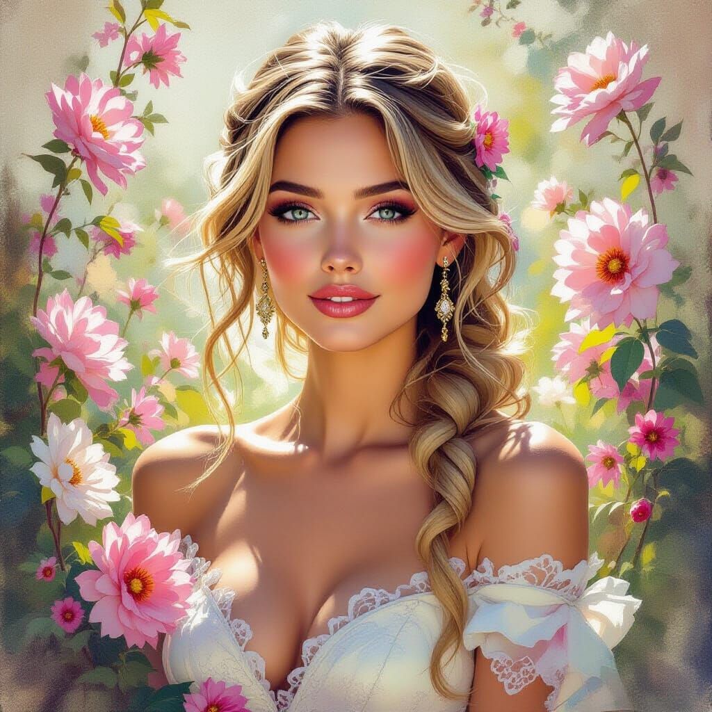Ethereal Blonde Portrait with Flowers in Gouache Style
