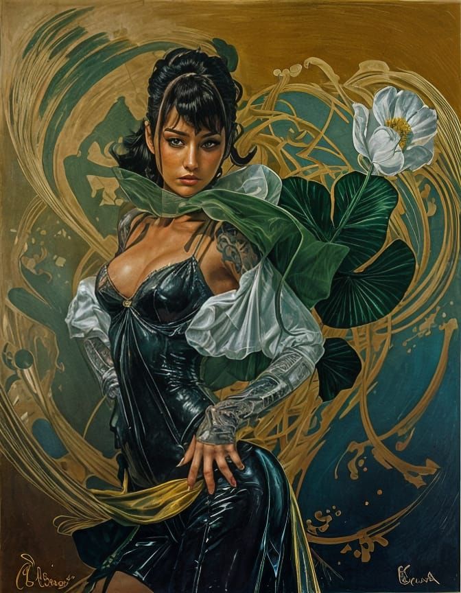 Elegant Woman in Dark Green Tunic with Iridescent Brooches i...